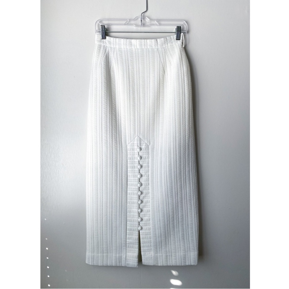 Vintage High Waisted White Metallic Silver Detail Button Front Pencil Skirt